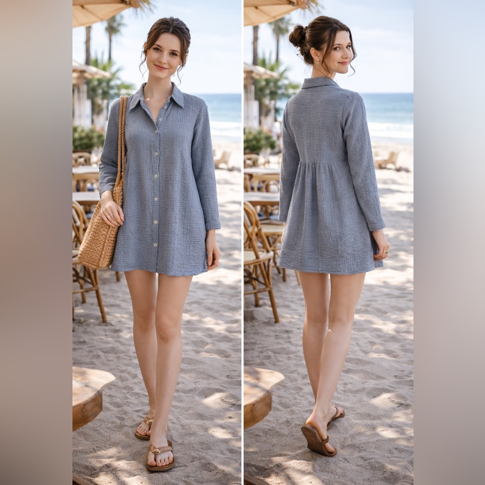 Zara Button Front Babydoll Gauzy Shirt Dress Tunic Long Sleeve Blue Gray Size S